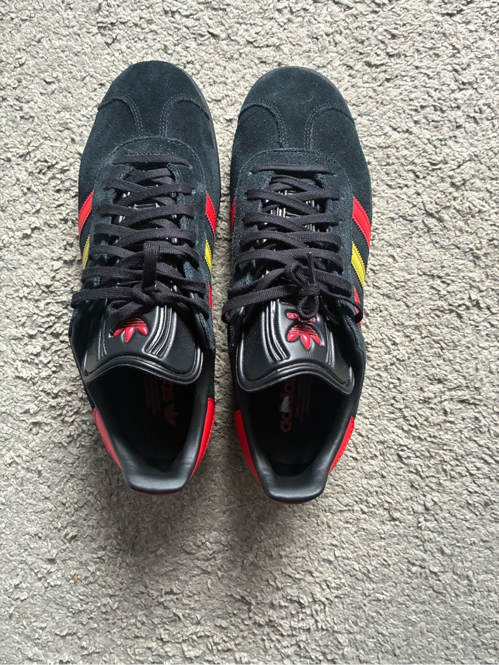 adidas Men’s Black Suede Sneakers with Red & Yellow Stripes